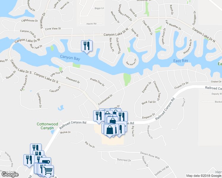 map of restaurants, bars, coffee shops, grocery stores, and more near 30524 Sparrow Hawk Drive in Canyon Lake