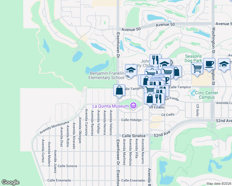 map of restaurants, bars, coffee shops, grocery stores, and more near in La Quinta