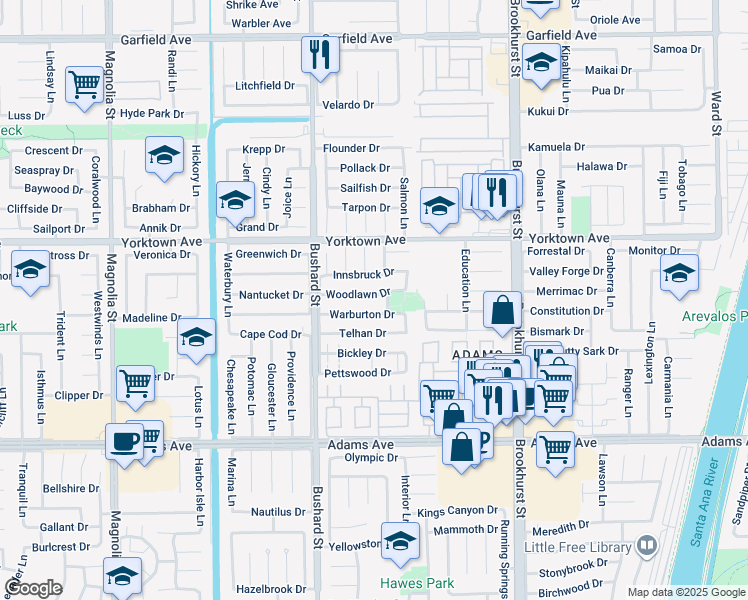 map of restaurants, bars, coffee shops, grocery stores, and more near 9632 Woodlawn Drive in Huntington Beach