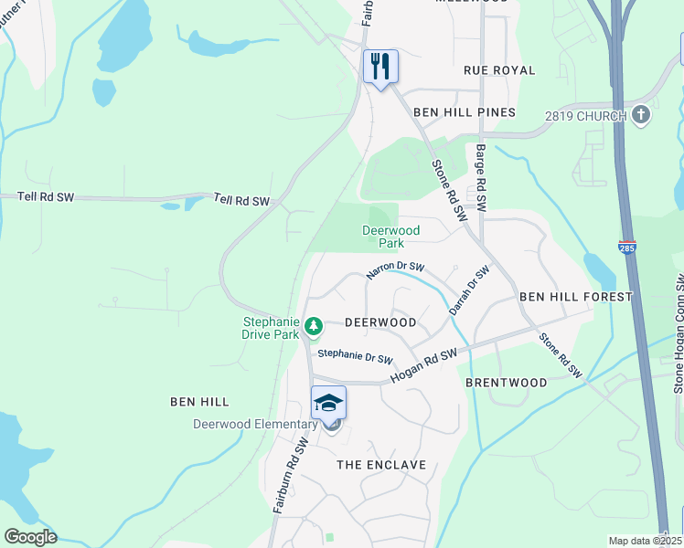 map of restaurants, bars, coffee shops, grocery stores, and more near 3773 Kathryn Drive Southwest in Atlanta