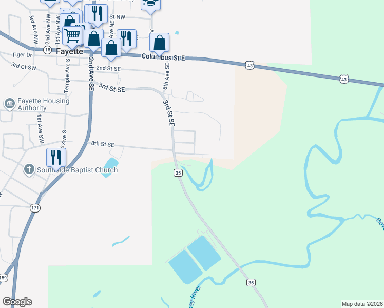 map of restaurants, bars, coffee shops, grocery stores, and more near 800 7 Th Avenue Southeast in Fayette