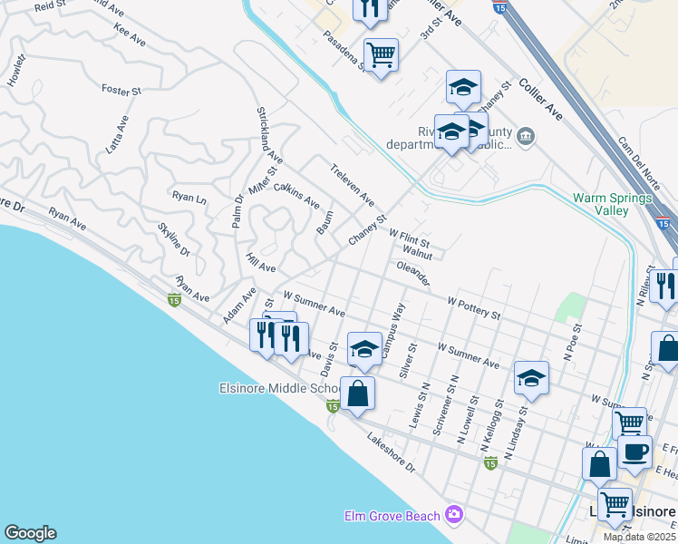 map of restaurants, bars, coffee shops, grocery stores, and more near 318 Townsend Street in Lake Elsinore
