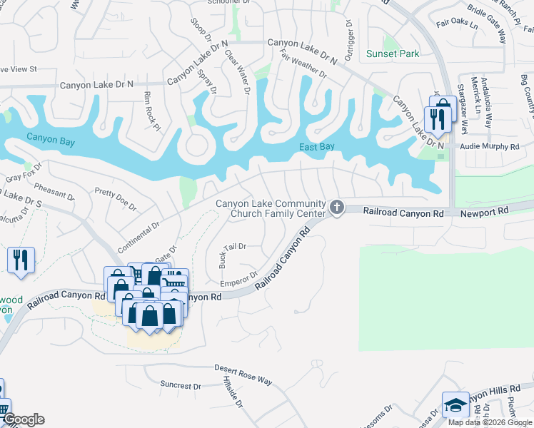 map of restaurants, bars, coffee shops, grocery stores, and more near 30520 Cinnamon Teal Drive in Canyon Lake