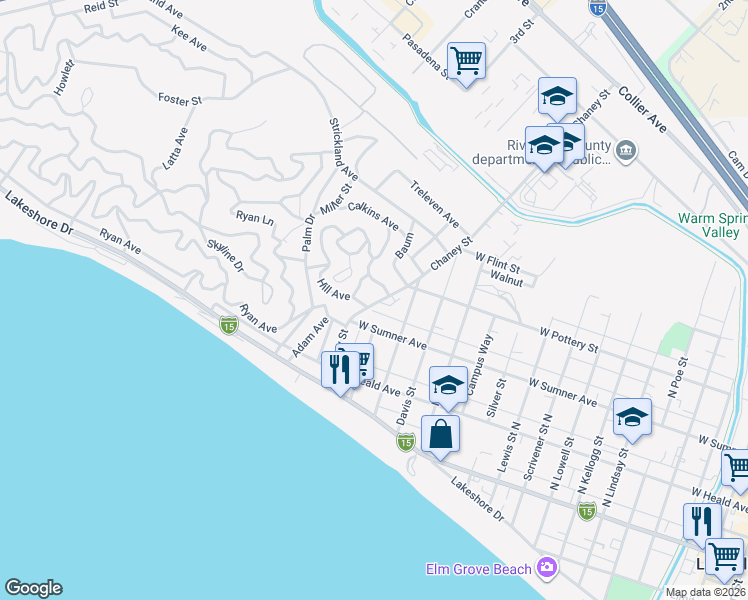 map of restaurants, bars, coffee shops, grocery stores, and more near 2 Chaney Street in Lake Elsinore