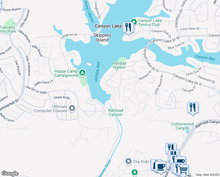 map of restaurants, bars, coffee shops, grocery stores, and more near 22061 Loch Lomond Drive in Canyon Lake