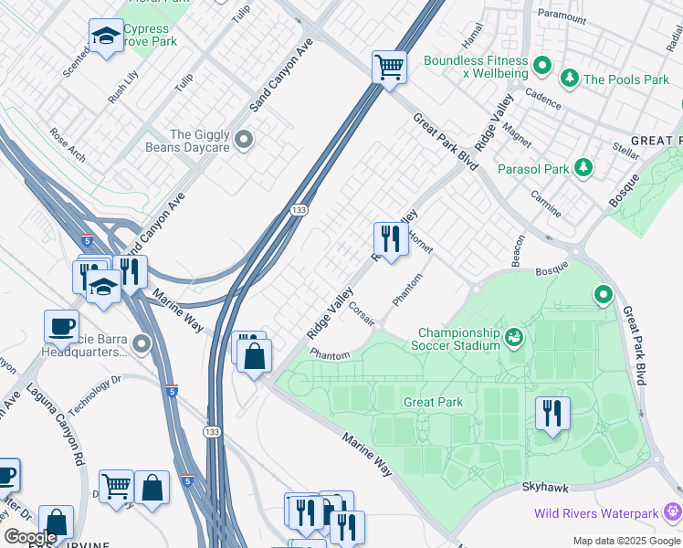 map of restaurants, bars, coffee shops, grocery stores, and more near 107 Copeland in Irvine