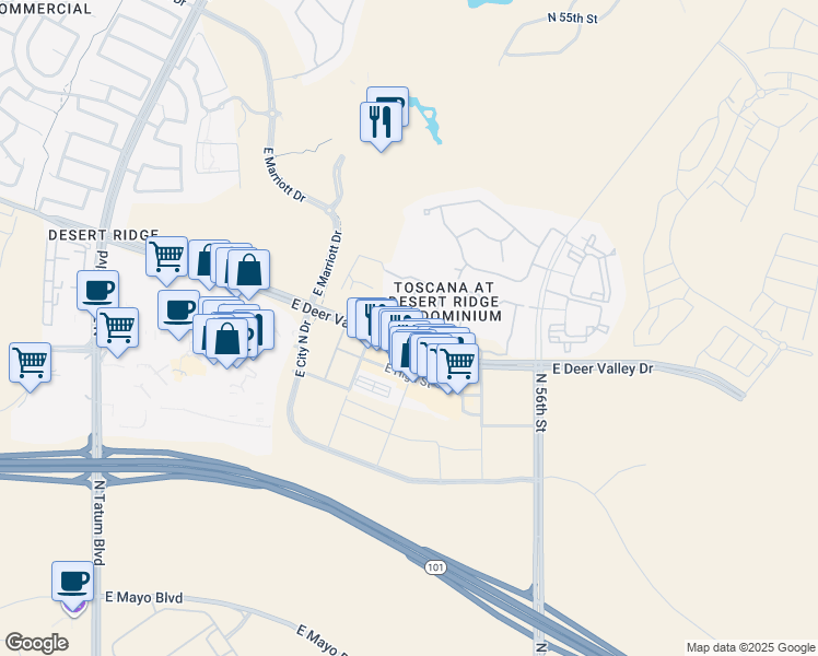 map of restaurants, bars, coffee shops, grocery stores, and more near 5350 East Deer Valley Drive in Phoenix