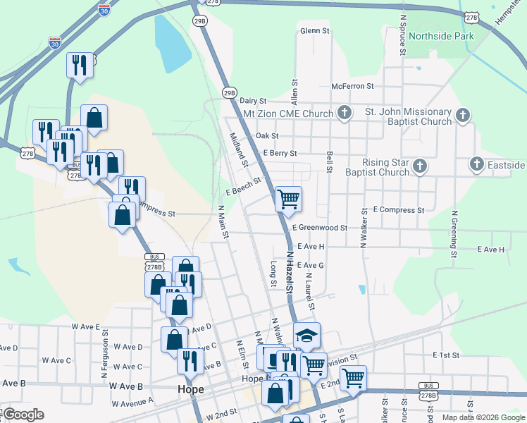 map of restaurants, bars, coffee shops, grocery stores, and more near 219 East Rosehill Street in Hope