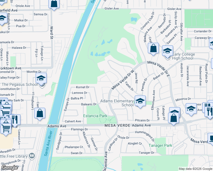 map of restaurants, bars, coffee shops, grocery stores, and more near 1914 Suva Circle in Costa Mesa