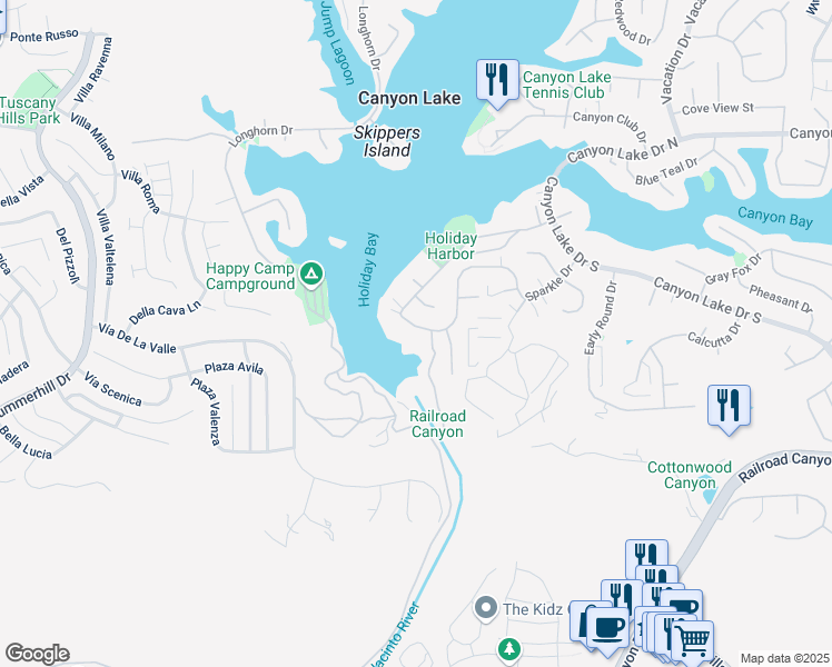 map of restaurants, bars, coffee shops, grocery stores, and more near 22061 Loch Lomond Drive in Canyon Lake