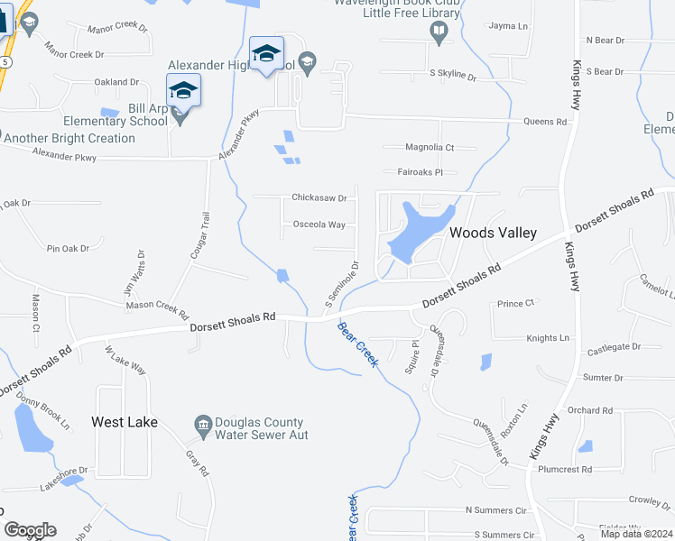 map of restaurants, bars, coffee shops, grocery stores, and more near 4717 South Seminole Drive in Douglasville