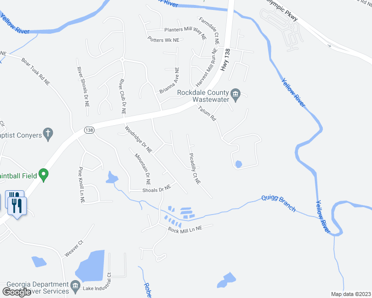 map of restaurants, bars, coffee shops, grocery stores, and more near 1587 Picadilly Court Northeast in Conyers