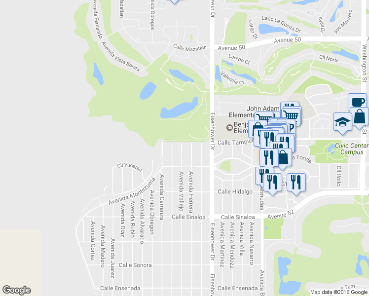 map of restaurants, bars, coffee shops, grocery stores, and more near 51060 Avenida Vallejo in La Quinta