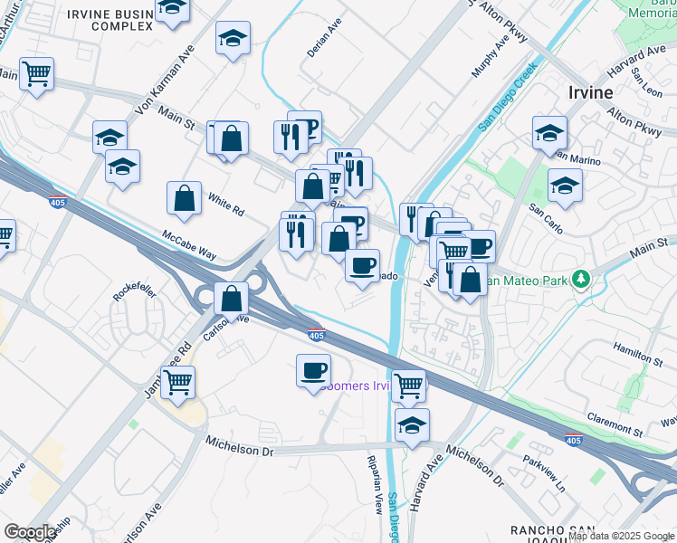 map of restaurants, bars, coffee shops, grocery stores, and more near 13 Park Plaza in Irvine