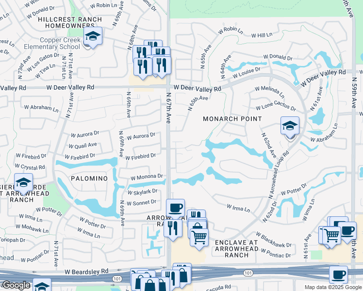map of restaurants, bars, coffee shops, grocery stores, and more near 6661 West Aurora Drive in Glendale