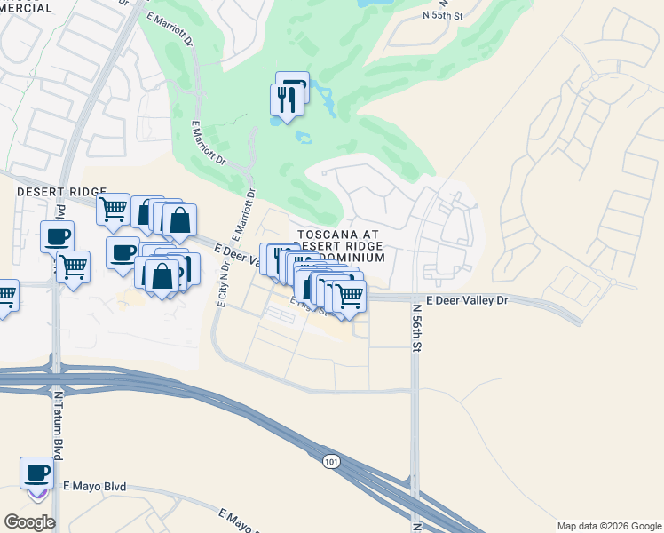 map of restaurants, bars, coffee shops, grocery stores, and more near 5350 East Deer Valley Drive in Phoenix