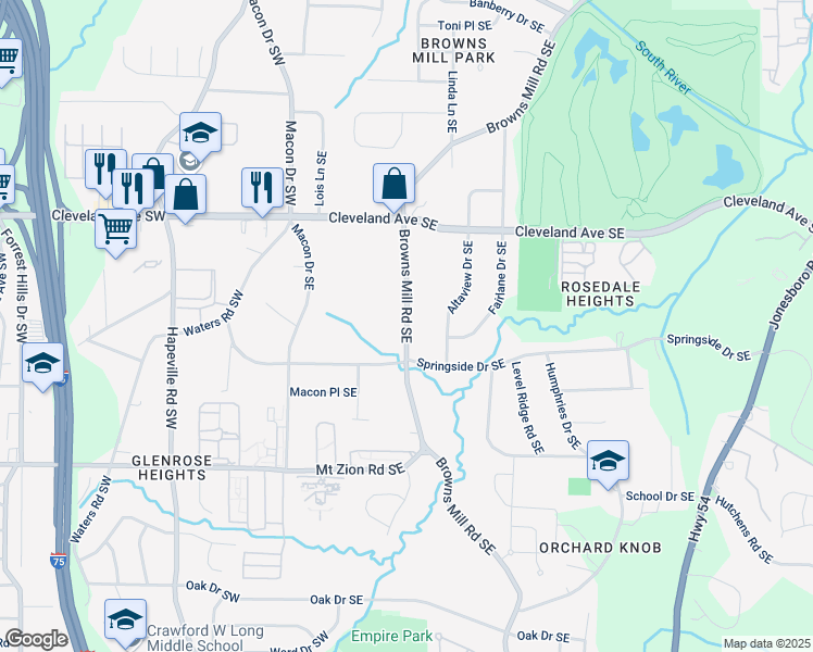 map of restaurants, bars, coffee shops, grocery stores, and more near Browns Mill Road Southeast in Atlanta