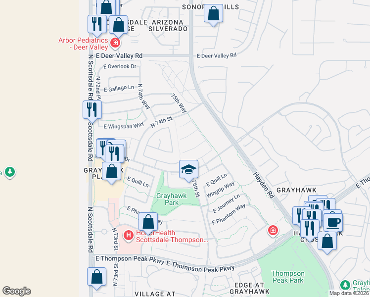 map of restaurants, bars, coffee shops, grocery stores, and more near 7624 East Tailfeather Drive in Scottsdale
