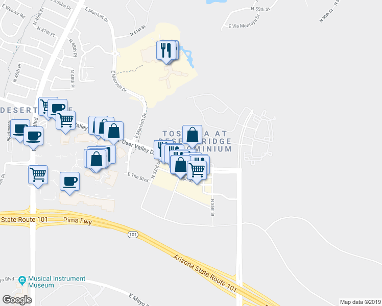 map of restaurants, bars, coffee shops, grocery stores, and more near 5350 East Deer Valley Drive in Phoenix