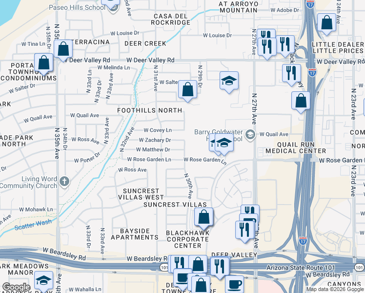 map of restaurants, bars, coffee shops, grocery stores, and more near 21043 North 30th Avenue in Phoenix