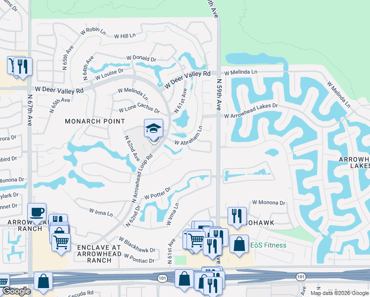 map of restaurants, bars, coffee shops, grocery stores, and more near 6062 West Abraham Lane in Glendale