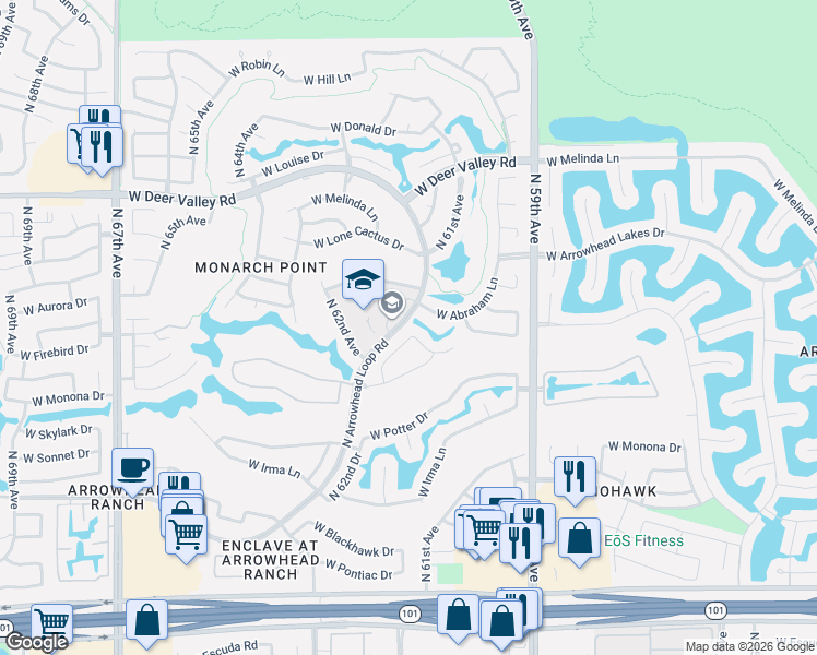 map of restaurants, bars, coffee shops, grocery stores, and more near 6091 West Abraham Lane in Glendale