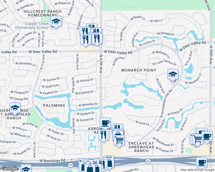 map of restaurants, bars, coffee shops, grocery stores, and more near 6656 West Aurora Drive in Glendale