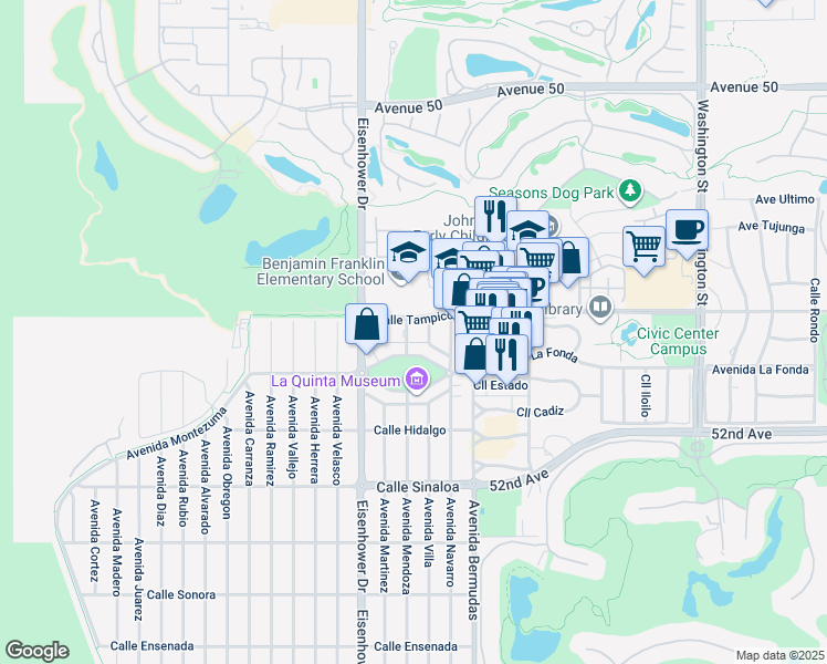 map of restaurants, bars, coffee shops, grocery stores, and more near 17855 Calle Tampico in La Quinta