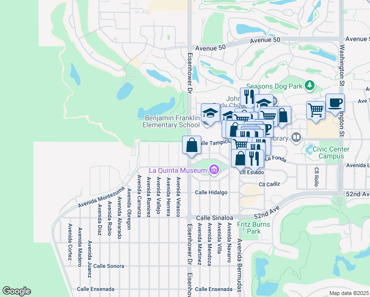 map of restaurants, bars, coffee shops, grocery stores, and more near 51001 Eisenhower Drive in La Quinta