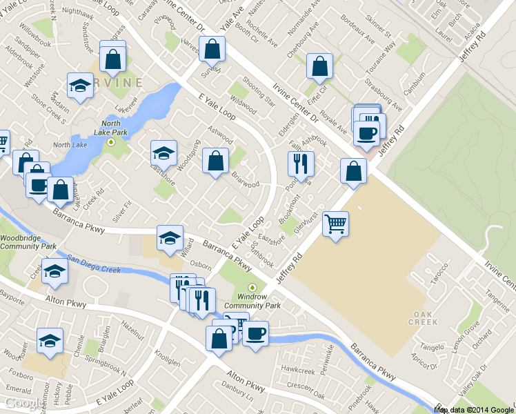 map of restaurants, bars, coffee shops, grocery stores, and more near 88 Briarwood in Irvine