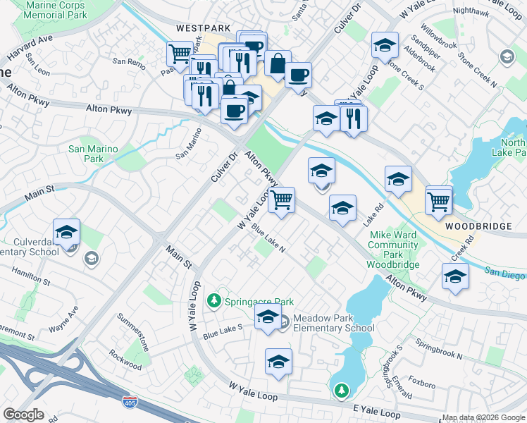map of restaurants, bars, coffee shops, grocery stores, and more near 19 Thunder Trail in Irvine