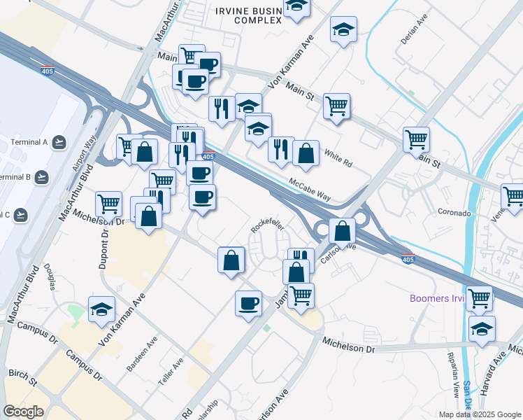 map of restaurants, bars, coffee shops, grocery stores, and more near 18050 Von Karman Avenue in Irvine