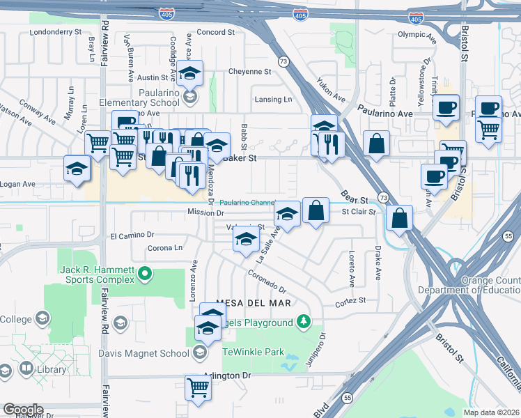 map of restaurants, bars, coffee shops, grocery stores, and more near 995 Post Road in Costa Mesa