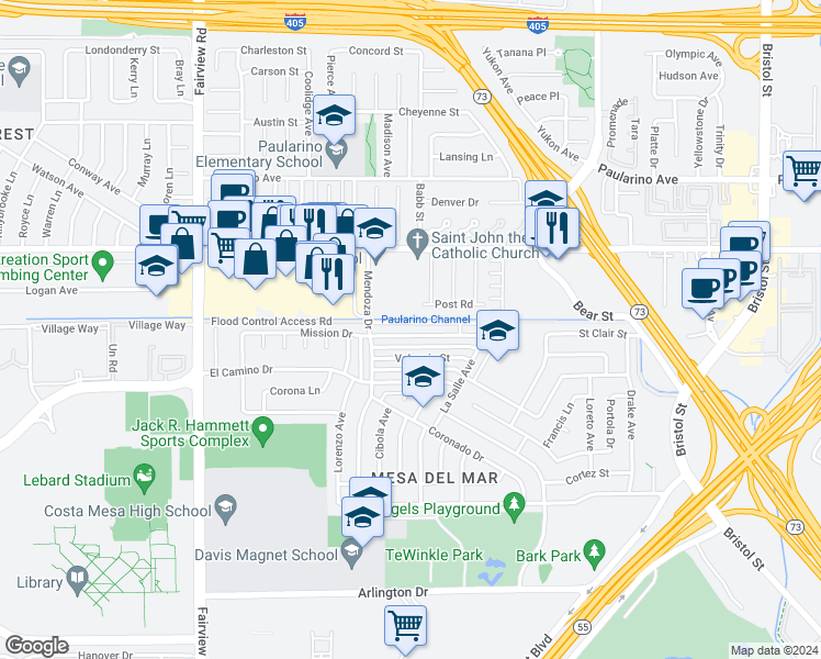 map of restaurants, bars, coffee shops, grocery stores, and more near 1024 Mission Drive in Costa Mesa