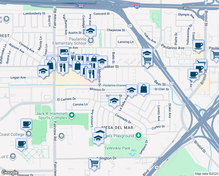 map of restaurants, bars, coffee shops, grocery stores, and more near 1024 Mission Drive in Costa Mesa