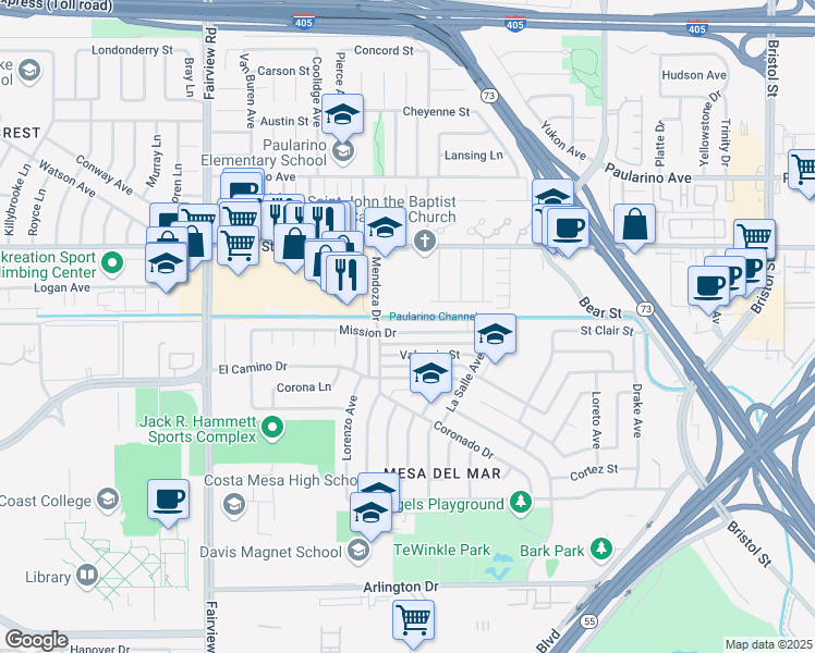 map of restaurants, bars, coffee shops, grocery stores, and more near 1024 Mission Drive in Costa Mesa