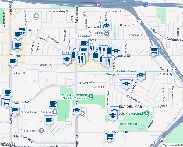 map of restaurants, bars, coffee shops, grocery stores, and more near 1127 Baker Street in Costa Mesa