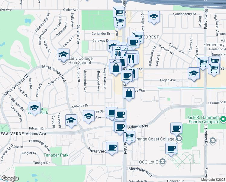 map of restaurants, bars, coffee shops, grocery stores, and more near 2940 Peppertree Lane in Costa Mesa