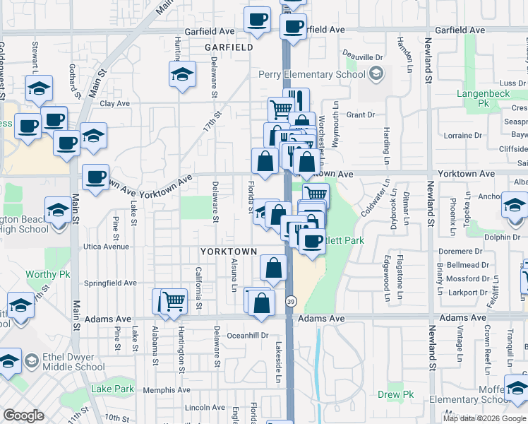 map of restaurants, bars, coffee shops, grocery stores, and more near 2308 Florida Street in Huntington Beach