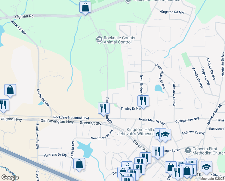 map of restaurants, bars, coffee shops, grocery stores, and more near 1262 Harvell Street Northwest in Conyers