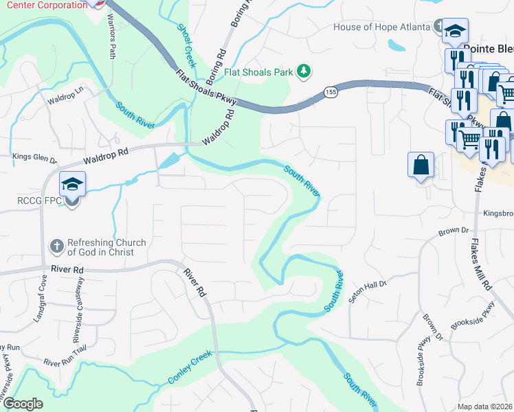 map of restaurants, bars, coffee shops, grocery stores, and more near 3537 Waldrop Ridge Lane in Decatur