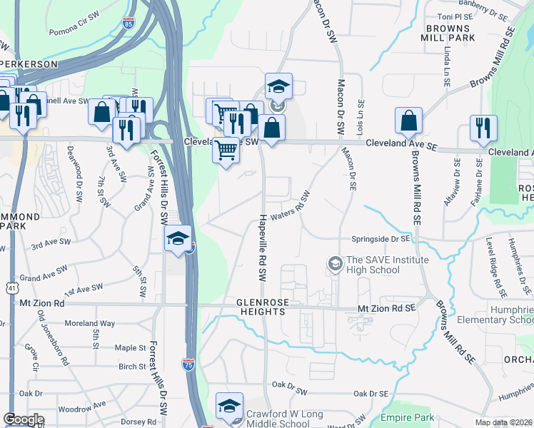 map of restaurants, bars, coffee shops, grocery stores, and more near 2828 Hapeville Road Southwest in Atlanta