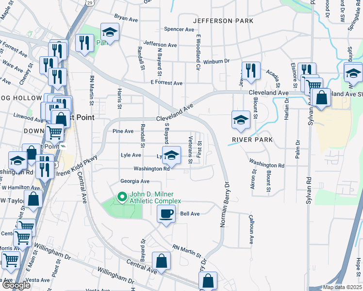 map of restaurants, bars, coffee shops, grocery stores, and more near 1271 Gus Thornhill in East Point
