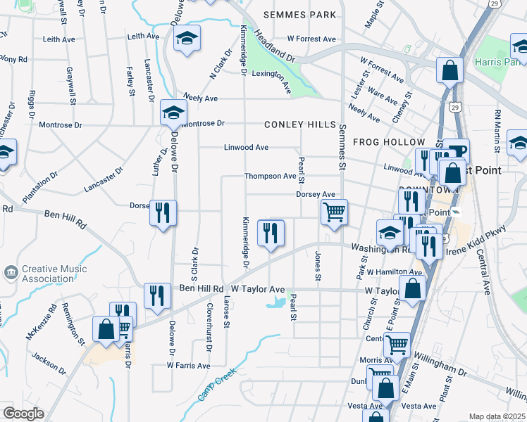 map of restaurants, bars, coffee shops, grocery stores, and more near 2840 Kimmeridge Drive in East Point