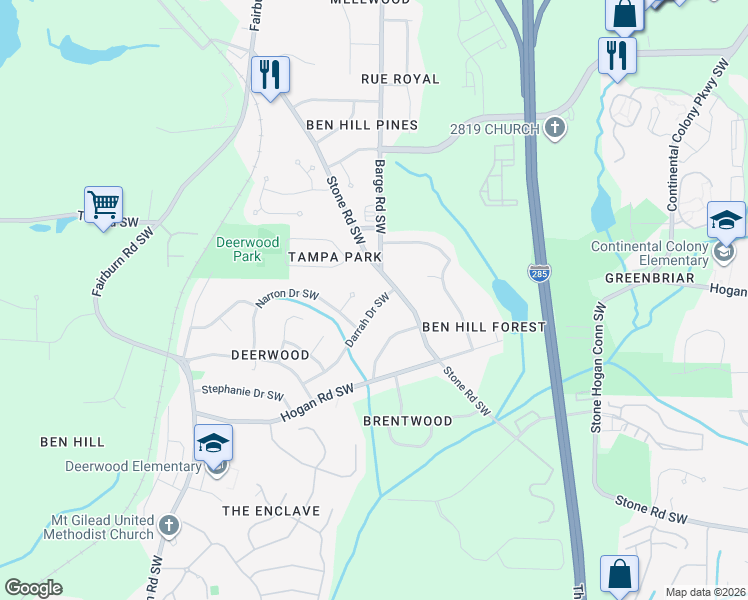 map of restaurants, bars, coffee shops, grocery stores, and more near 2799 Darrah Drive Southwest in Atlanta