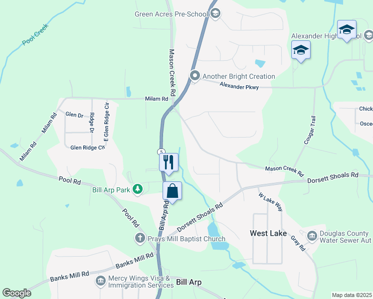 map of restaurants, bars, coffee shops, grocery stores, and more near 6957 Mason Creek Road in Douglasville