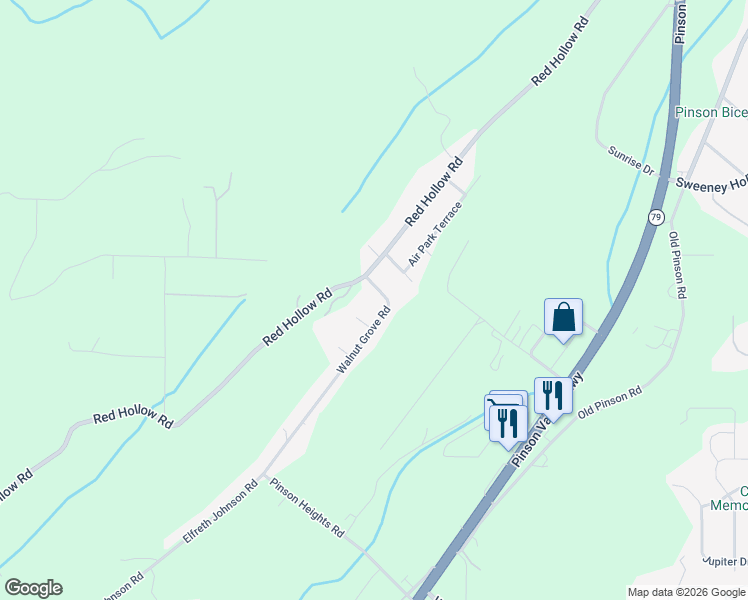 map of restaurants, bars, coffee shops, grocery stores, and more near 5855 Walnut Grove Road in Center Point