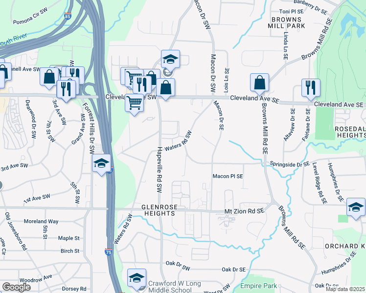 map of restaurants, bars, coffee shops, grocery stores, and more near 2850 Waters Road Southwest in Atlanta