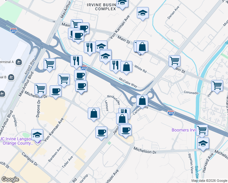 map of restaurants, bars, coffee shops, grocery stores, and more near 2318 Nolita in Irvine