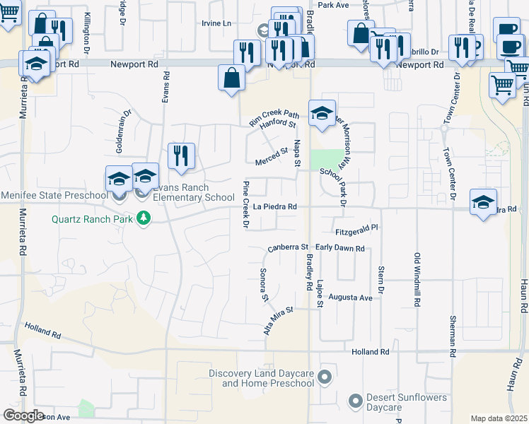 map of restaurants, bars, coffee shops, grocery stores, and more near 26805 Hunter Ridge Drive in Menifee